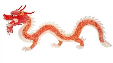 Fototapeta premium Vibrant Red Chinese Dragon Illustration with Intricate Scales and Majestic Features on a White Background