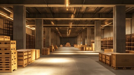 Spacious Warehouse Interior with Wooden Pallets and Bright Lighting