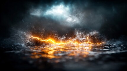 Fototapeta premium Dramatic Lightning Crackles Across Dark Ground Fiery orange and blue light illuminate moody scene. AI Generated