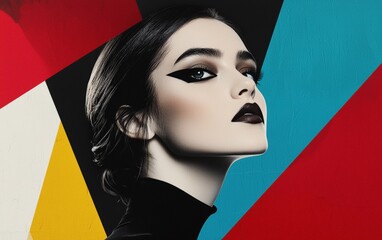 A modern high-fashion portrait of a woman with bold eyeliner and dark straight hair, framed by a geometric color-blocked background