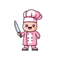Cute Pink Character Chef Holding a Knife in Kawaii Style Clipart