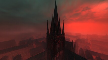 Obraz premium Gothic Cathedral in Red Apocalyptic Skyline