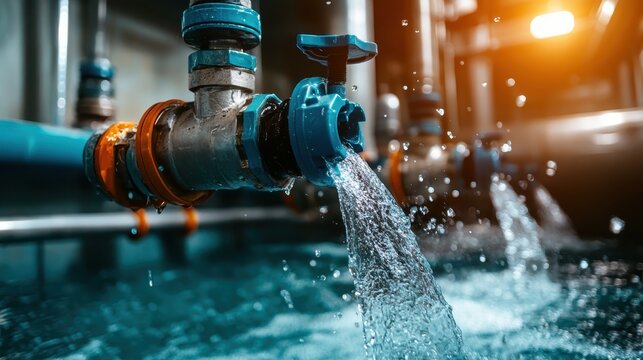 This image captures the vibrant colors and stream of water flowing from industrial pipes, highlighting the convergence of color, technology, and functionality in modern designs.