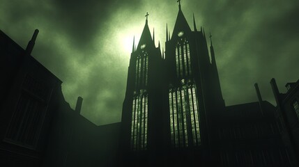 Naklejka premium Gothic Church Silhouette Under a Green Sky at Night