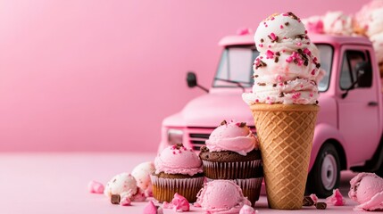 A whimsical arrangement of pink ice cream cones and cupcakes, accompanied by a vintage ice cream truck, evokes a sense of nostalgia and pure delight in every bite.