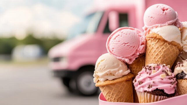 An enticing arrangement of colorful ice cream cones set against a vintage pink ice cream truck creates a vibrant scene that captures the essence of childhood joy and summer fun.