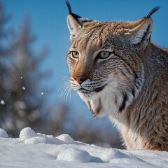 Obraz premium A lynx playing in fresh snow under a perfectly clear, azure sky.