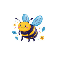 Naklejka premium Cute Kawaii Bee with Blue Wings and Smiling Face in Clipart Style