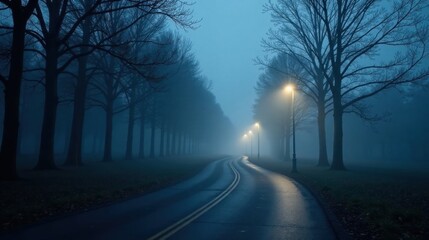 Misty Night Road Winding Through Trees with Streetlights