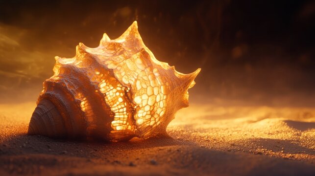 A textured sea shell glowing softly under warm, direct lighting on sand.
