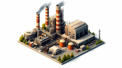 Aerial View of a Modern Industrial Power Plant with Red and White Smokestacks, Generating Electricity Surrounded by Green Trees and Machinery, Digital Rendering