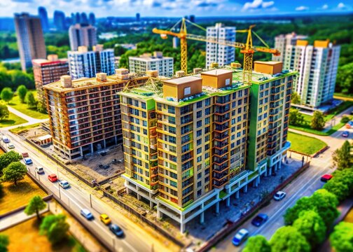 Aerial View: Multi-Floor Residential Building Under Construction - Miniature Model Style