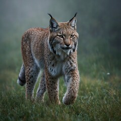 Naklejka premium A lynx walking through a quiet, foggy meadow with dew glistening on the grass.