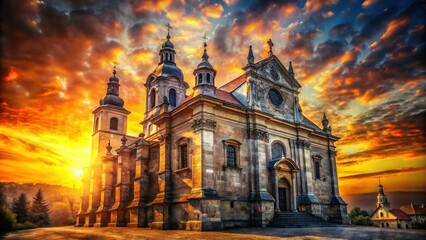 Fototapeta premium Ancient Eastern European Catholic Church, Double Exposure, Mystical Light