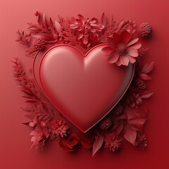 red heart-shaped gift box on red background, top view with red floral decor elements