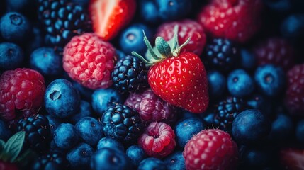 Fresh and vibrant assortment of mixed berries on a dark background showcased in a close-up view