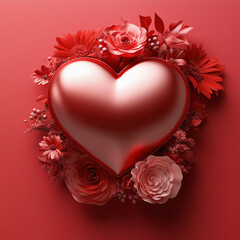 red heart-shaped gift box on red background, top view with red floral decor elements