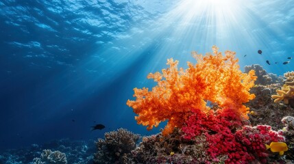 Naklejka premium Vibrant underwater coral reef ecosystem showcasing diverse marine flora and fauna in a stunning aquatic environment.