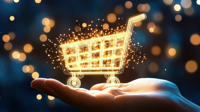 Digital shopping cart icon with sparkling chaos effect for e-commerce and online retail design