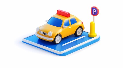 Fototapeta premium Cartoon style yellow taxi cab parked on a blue and white parking space with a bright red light on top, ideal for urban transportation or city life illustrations.