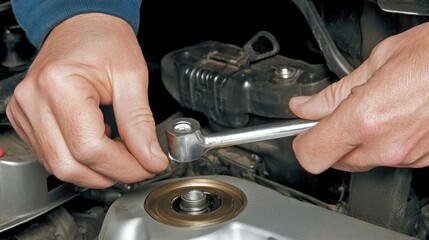 Obraz premium A person loosening the oil drain plug under a car with a wrench.
