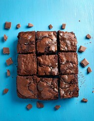 Fresh pieces of delicious chocolate brownies on blue background