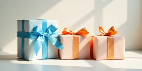 Three elegantly wrapped presents bathed in sunlight, showcasing pastel hues and delicate ribbons.