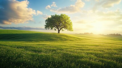Fototapeta premium Sunset over lush green field with solitary tree basking in warm sunlight and vibrant sky