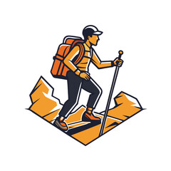 vector silhouette of a hiker climbing a rocky path,
