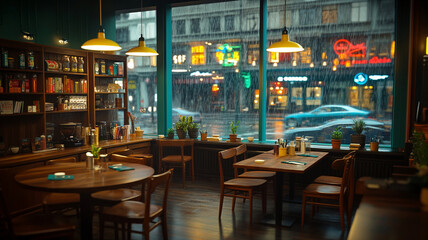 A cozy and stylish coffee shop interior with warm wooden tables and chairs