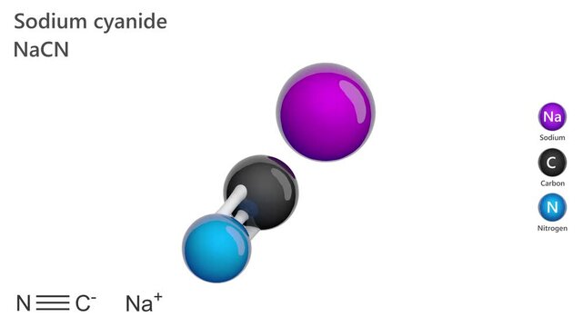 Sodium Cyanide. Human poison. Animated 3D model of a molecule. Molecular formula: NaCN. Chemical model: Ball and stick. White background. 3D rendering. Seamless loop.