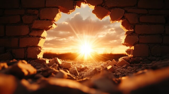 A dramatic image of sunlight bursting through a broken wall, symbolizing hope and renewal, showcasing the power of light breaking through barriers in an artistic manner.
