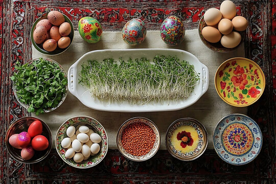 Traditional Nowruz table setup with sabzeh sprouts, colored eggs, and various dishes on a patterned carpet