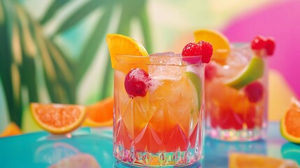Fototapeta premium Vibrant summer cocktails gleam brightly under warm sunlight refreshing fruity flavors. AI Generated