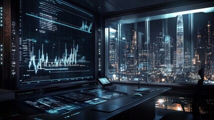 Obraz premium Modern Control Room Overlooking City Skyline with Data Visualization