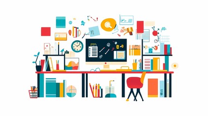 Obraz premium Bright and Colorful Home Office Workspace Design Featuring a Desk with Computer, Stationery, Plants, and Various Organizational Items for Productivity and Creativity