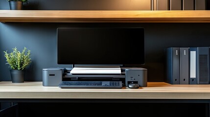 A small home office setup with a color printer experiencing a paper jam.