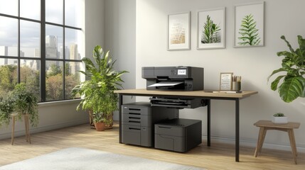 A small home office setup with a color printer experiencing a paper jam.