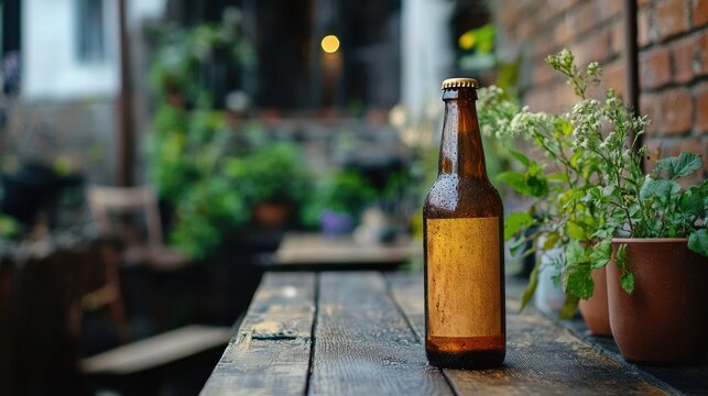 Craft beer bottle featuring an intricate and artistic design on a wooden table in a cozy, well-lit setting