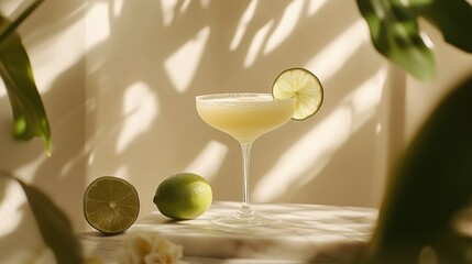 White daiquiri with lime surrounded by limes in natural light