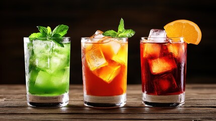 A vibrant trio of summer drinks garnished with fresh citrus fruits and mint, perfect for cooling down, enjoying with friends, or elevating your outdoor gatherings.