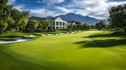 Fototapeta premium luxury golf course clubhouse mountain view - luxury travel