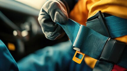 A technician holding replacement seat belt parts while inspecting a car.