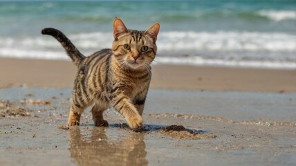 Obraz premium Playful cat on the beach