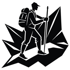 Fototapeta premium vector silhouette of a hiker climbing a rocky path,
