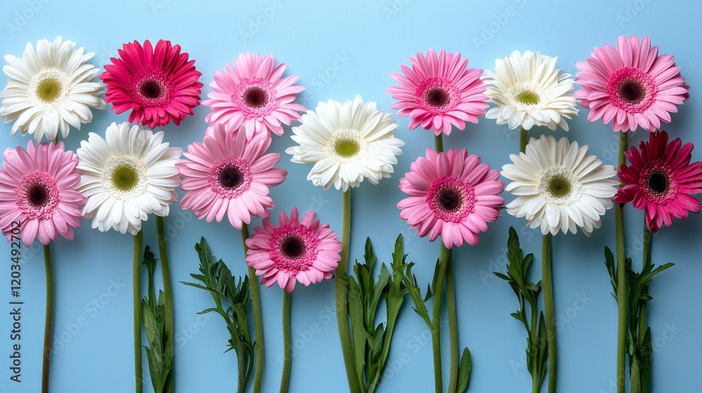 Poster a delightful array of vibrant pink and white flowers elegantly aligns against a serene blue backdrop