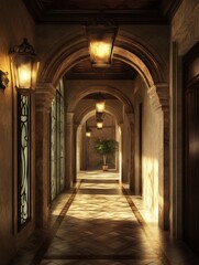 Fototapeta premium Warm light illuminates elegant arched hallway. AI Generated