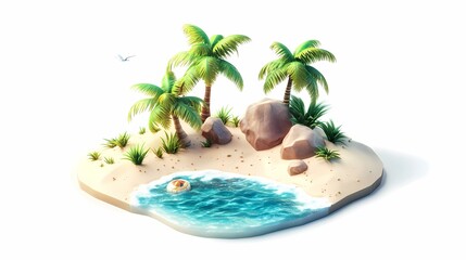 Obraz premium Tropical beach scene featuring palm trees, clear blue water, sandy shore, and a peaceful atmosphere perfect for relaxation, vacations, and summer adventures in paradise