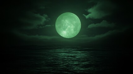 Green Moon Over Dark Ocean Night Scene
