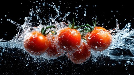 Vibrant red tomatoes splash dramatically in clear water, showcasing their freshness and vitality, surrounded by a cascade of sparkling droplets in mid-air.